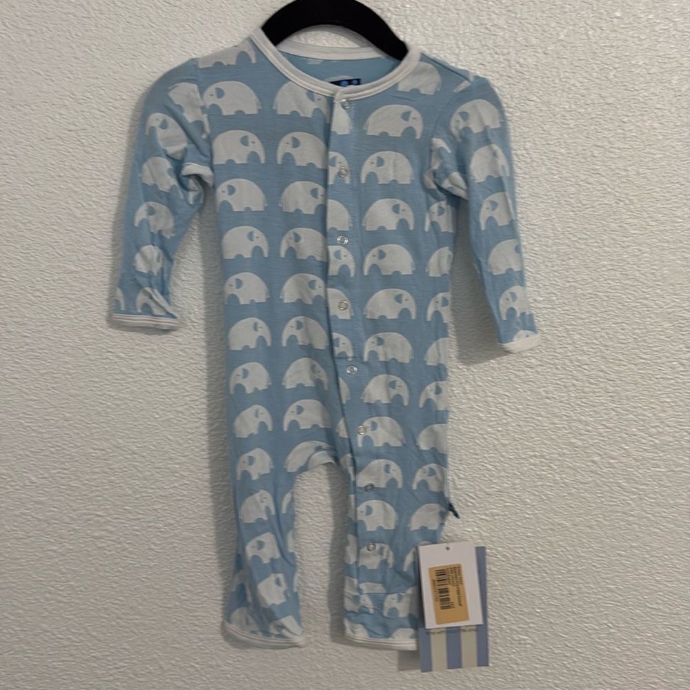 NWT- Kickee pants- bamboo soft blue and white elephant one-piece-Size 3-6 months